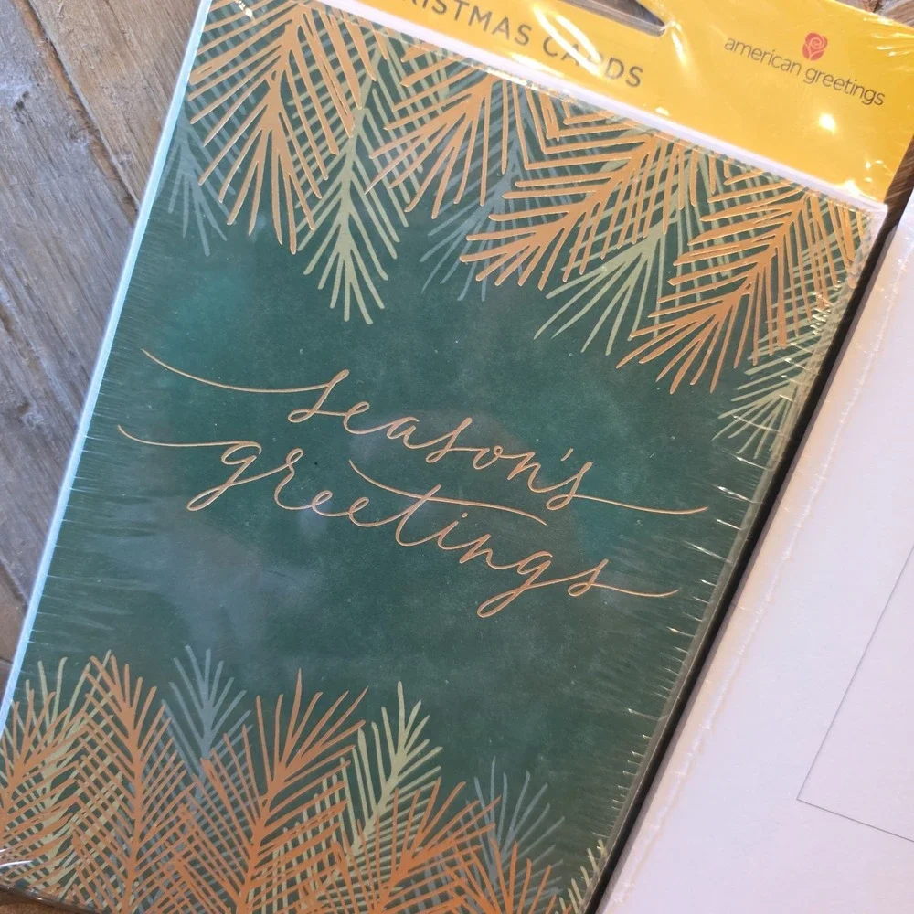 American Greetings Season's Greetings 8 Christmas Cards Lot of 2 Green & Gold